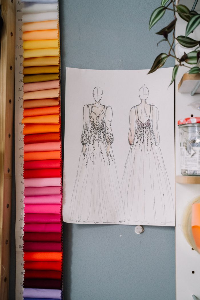 services-03 Elegant dress sketches and colorful fabric samples in a tailor's workshop. Perfect for fashion inspiration.